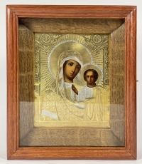 Russian icon - Our Lady of Kazan in brass cover and kiot shadow frame