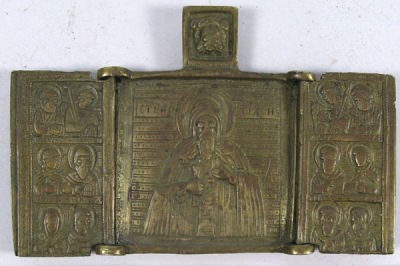 Small Russian Orthodox 3-panel folding travel skladen icon depicting  Saint Tikhon with Archangels, Apostles, and selected Saints