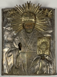 Russian Icon - St. Nicholas of Myra in silver revetment cover