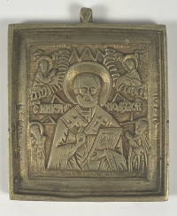 Small Russian Orthodox plaquette icon depicting St. Nicholas the Wonderworker of Myra