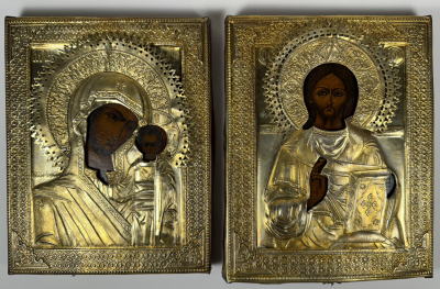 Russian Icons - Wedding pair of Our Lady of Kazan &amp; Christ Pantocrator in brass covers