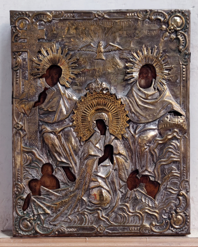 Large Russian Icon - the Coronation of the Virgin Mary in brass revetment cover