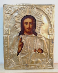 Russian Icon - Christ Pantocrator in brass oklad