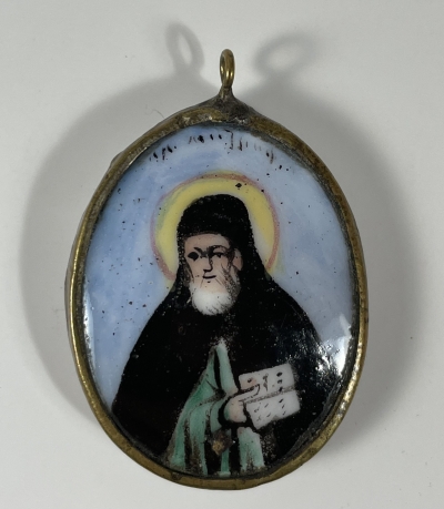Small Russian Finift porcelain pendant icon - St. Mitrophan, Metropolitan of Voronezh