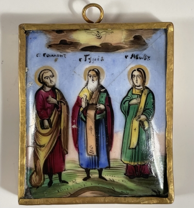 Small Russian Finift Porcelain icon of Sts. Samon, Gury, and Aviv