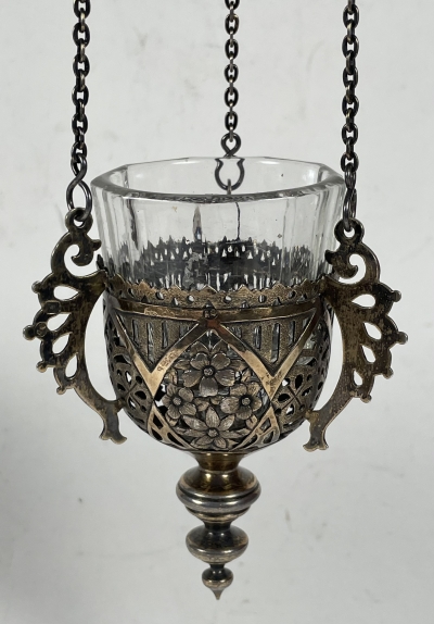 Antique Russian Orthodox silver hanging lampada icon oil lamp