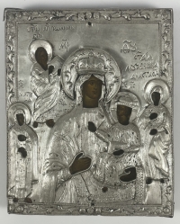 Small Russian Icon - Our Lady of Chernigov with Saints in silver cover