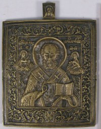 Medium Russian brass plaquette icon depicting Saint Nicholas, Miracleworker of Myra