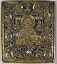 Large Russian brass plaquette icon depicting Saint Nicholas of Myra with Angels and Prophets