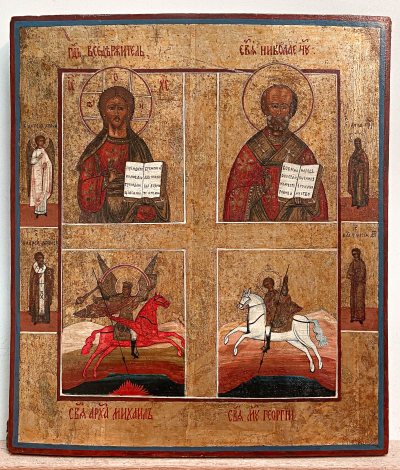 Russian 4-Part Icon - Christ Pantocrator, St. Nicholas, St. Michael, St. George &amp; 4 border Saints