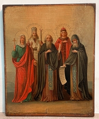 Russian icon - 5 Selected Saints: St. Matrona, St. Peter of Moscow, St. Ven. Basil, St. Prince Michael &amp; St. Antony of Kiev