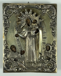 Small Russian icon - Joy to All Who Sorrow Mother of God in silver revetment cover