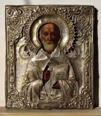 Russian Icon - St. Nicholas, the Wonderworker of Myra in silvered revetment cover