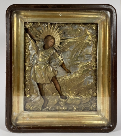 Russian Icon - Saint Michael the Archangel Fighting Against the Satan in brass revetment cover and kiot shadow frame