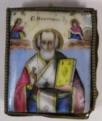 Russian Religious Finift Porcelain icon of St. Nicholas, the Wonderworker of Myra