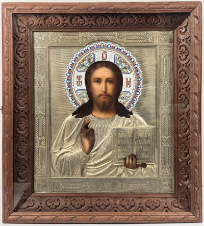 Russian Icon - Christ Pantocrator in silver &amp; enamel revetment cover &amp; kiot shadow frame