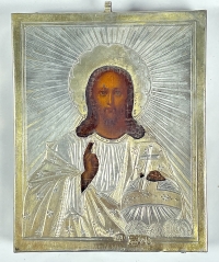 Small Russian Icon - Christ Pantocrator in gilt silver revetment cover