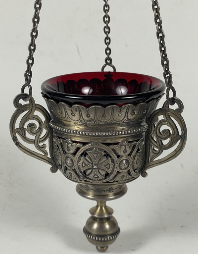 Antique Russian Orthodox silver lampada hanging icon oil lamp