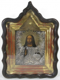 Russian Icon - Christ Pantocrator in brass oklad cover and kiot shadow frame