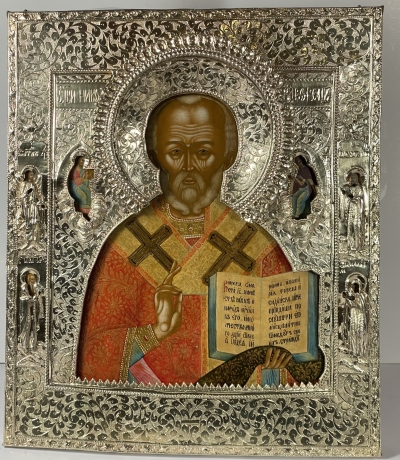 Spectacular Russian Icon - St. Nicholas the Wonderworker of Myra in silver revetment cover with 4 border saints