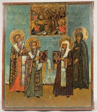 18-century Fine Russian Icon - Descent into Hell &amp; 4 Saints: St Martyr Cyprian, St James the Greater, St. Alexy, Metropolitan of Moscow &amp; St. Martyress Eudocia
