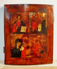 Russian icon - 4-Panel icon: Christ Pantocrator, the Annunciation, Our Lady of Kazan, and St. Prince Alexander Nevsky