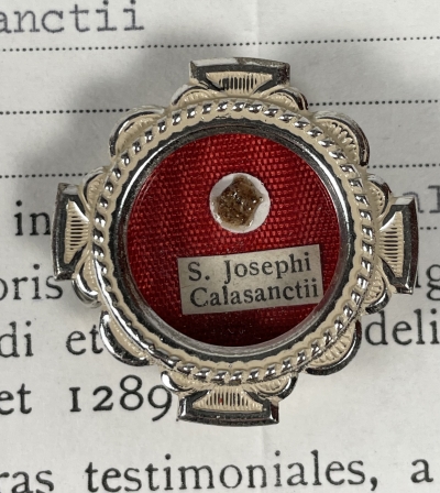 1990 Vatican-documented theca with relics of St. Joseph Calasanz (Calasanctius, Iosephus a Mater Dei), the founder of Piarists