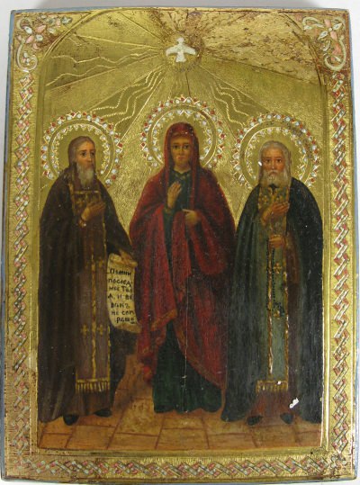 Russian Icon depicting three Orthodox Saints: Saint Sergius of Radonezh, Saint Paraskevi of Iconic, and Saint Seraphim of Sarovsk