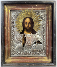 Russian Icon - Christ Pantocrator in silvered brass revetment cover &amp; kiot shadow frame