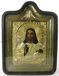 Russian Icon - Christ Pantocrator in brass oklad and kiot