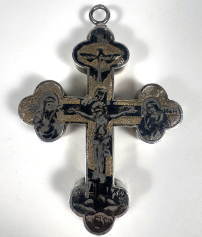 1840 Russian Orthodox reliquary pectoral cross with relics of St. Demetrius of Thessaloniki, the Great-Martyr, St. Peter Metropolitan of Moscow, St. Martyr Procopius &amp; St. Ephraim of Novy Torg