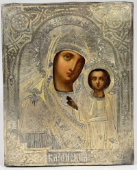 1876 Russian Icon - Our Lady of Kazan in gilt silver revetment cover