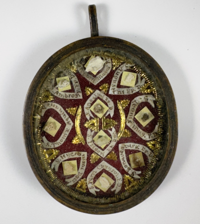 Reliquary theca with a relics of 9 Doctors of the Church: St. Isidore, St. Anselm, St. Gregory I, St. Augustine of Hippo, St. Pope Leo I, St. Bonaventure, St. Jerome, St. Thomas Aquinas &amp; St. Ambrose