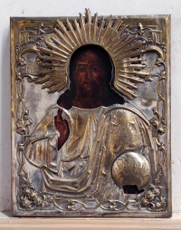 Russian Icon - Christ Pantocrator in silvered brass revetment cover