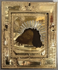 Russian Icon - the Severed Head of St. John the Baptist in gilt silver cover