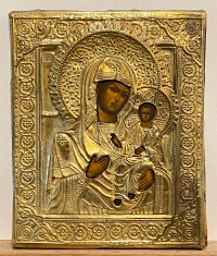 Russian icon - Our Lady of Tikhvin in brass revetment cover