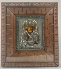 Small Russian Icon - St. Nicholas of Myra in silver cover and kiot shadowframe