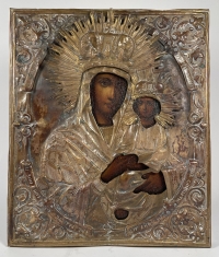 Russian icon - Surety of the Sinners Mother of God in brass revetment cover