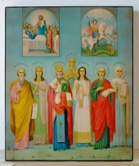 Russian Icon - The Dormition of the Virgin Mary, St. George and 7 Selected Saints