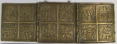 Russian 3-Panel Folding Skladen Travel Icon of “The Twelve Principal Feasts.”