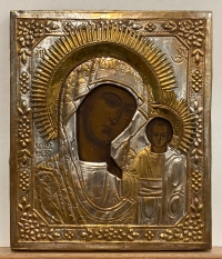 Russian Icon - Our Lady of Kazan in silvered brass revetment cover