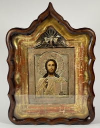 Russian Icon - Christ Pantocrator in brass oklad cover &amp; kiot frame