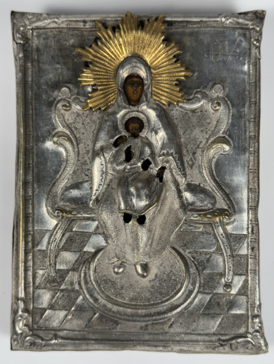 Small Russian Icon - The Enthroned Mother of God in silvered brass revetment cover