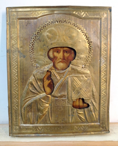 Russian Icon - St. Nicholas the Wonderworker of Myra in brass oklad