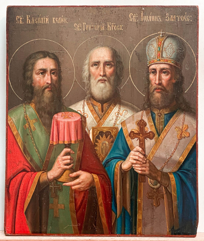 Large Russian Icon - Orthodox Hierarchs: Basil the Great, Gregory the Theologian &amp; John Chrysostom