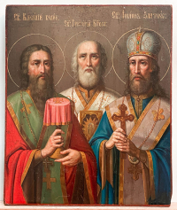 Large Russian Icon - Orthodox Hierarchs: Basil the Great, Gregory the Theologian &amp; John Chrysostom