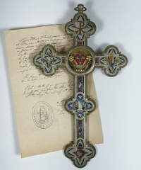 Spectacular reliquary crucifix with relic of the True Cross of Jesus Christ with document